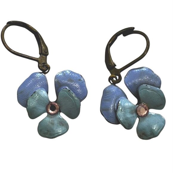 🌴 Blue Enamel Flower Dangle Earrings – Vintage Style - Picture 1 of 6